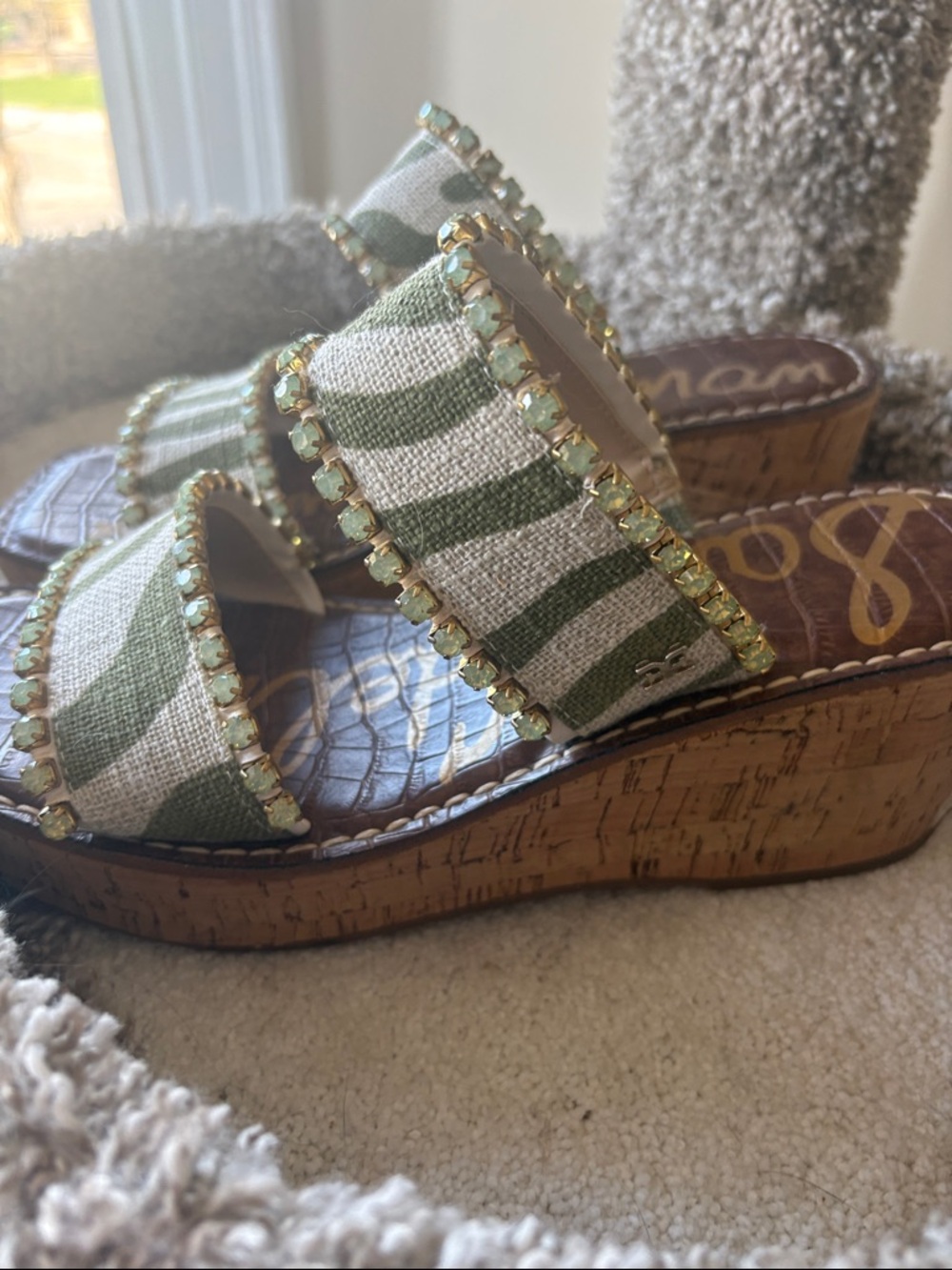 Sam Edelman Green & White Bejeweled Platform Slide Wedges - Picture 2 of 5